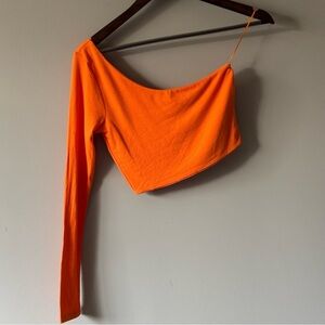 NAKED WARDROBE LONG SLEEVE ONE SHOULDER CROP TOP SIZE MEDIUM ORANGE